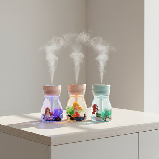 Mermaid USB humidifier with quiet desktop air mist design